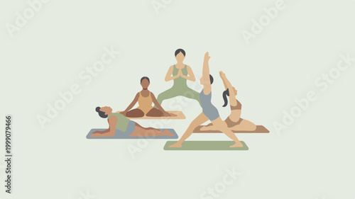 Diverse group practicing yoga poses illustration