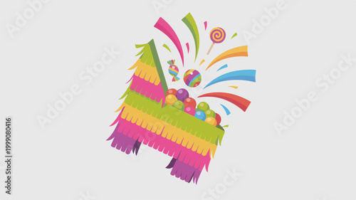 Colorful piñata bursting with candy and confetti