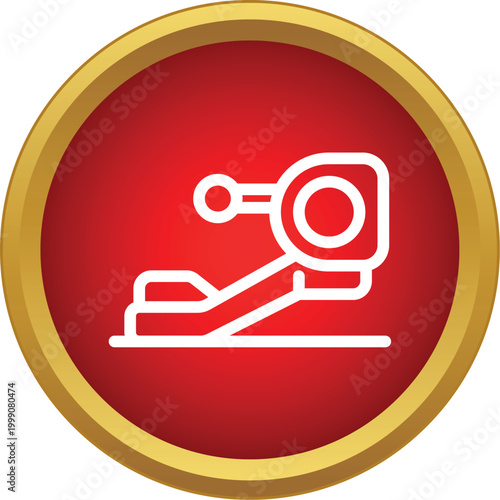 White outline icon of a rowing machine on a red circle with a golden border