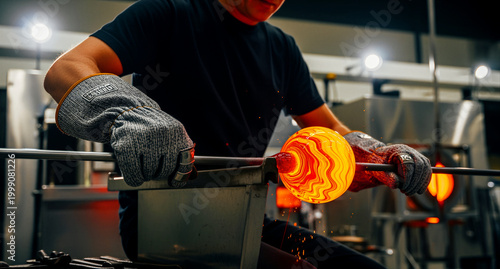 Skilled artisan shaping glowing molten glass on a blowpipe. Professional craftsman working in a hot glassblowing studio. Artistic handmade glass production concept, ideal for workshop marketing.