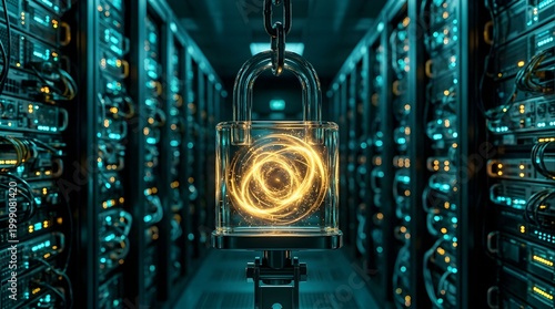 Advanced digital intelligence engine securing sensitive data in a high-tech server environment, ensuring robust network protection and cybersecurity