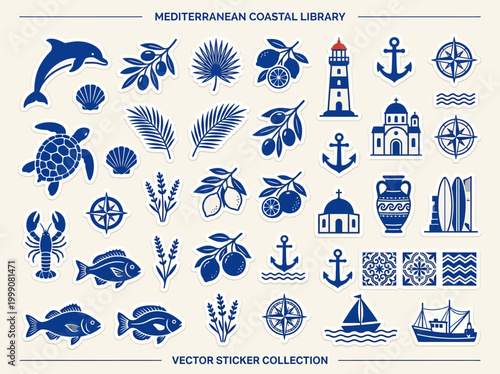 Mediterranean Coastal Sticker Collection - Blue Nautical Icons, Marine Life, Greek Architecture, and Summer Travel Elements Vector Illustration