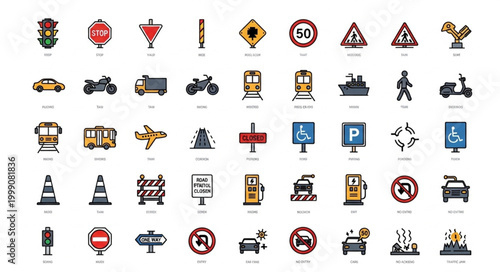 Collection of various traffic and road signs icons.