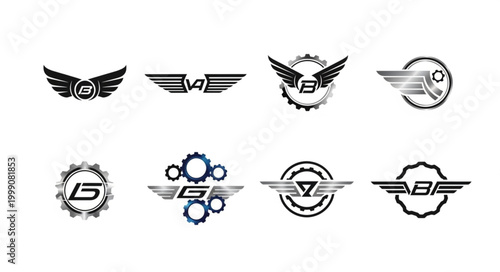 Collection of Winged Logos with Gears and Letters.