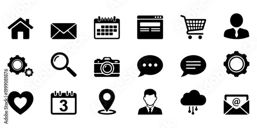 Minimalist black web icons set, 18 professional interface symbols for business and navigation, flat vector UI elements for website design
