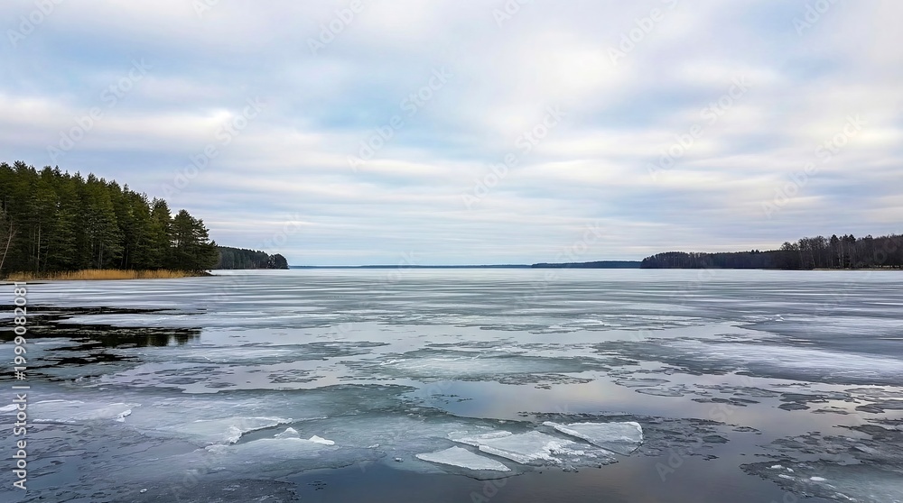Obraz premium Frozen Lake Landscape with Ice and Distant Forest Line