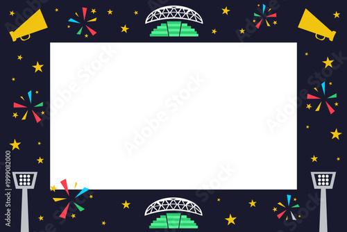 Modern soccer stadium architecture frame with floodlights and megaphone. Flat design vector with copy space for match day atmosphere and arena events