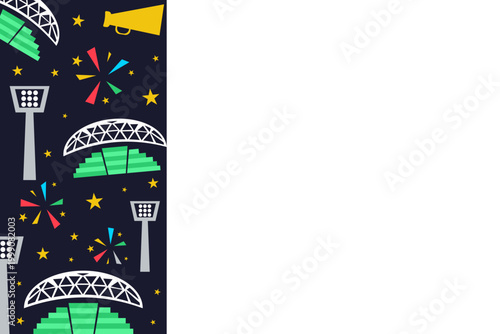 Minimalist soccer stadium side border with arena lighting and architecture. Flat design vector illustration with side copy space for sport event posters