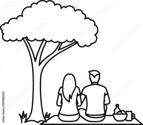 Couple having picnic under tree with basket and drinks outlined on transparent background.