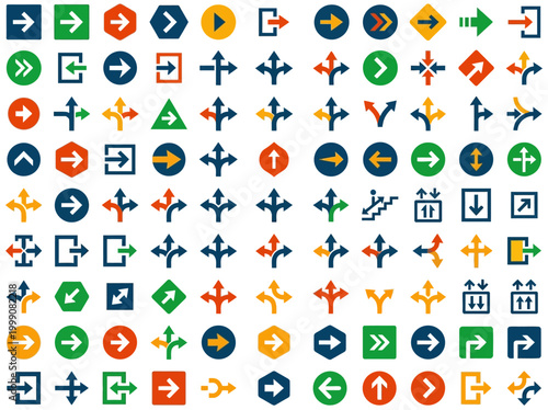 Navigation arrow signage collection with directional symbols and indicators for wayfinding purposes.