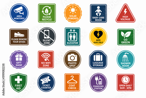 A vibrant collection of icons depicting various signs and symbols for travel and tourism found on a map.