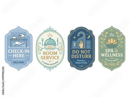 Hospitality signs for check-in, room service, do not disturb, and spa wellness in a hotel lobby with illustrations.