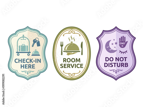 Hospitality signs with check-in, room service and do not disturb labels for hotel rooms and amenities.