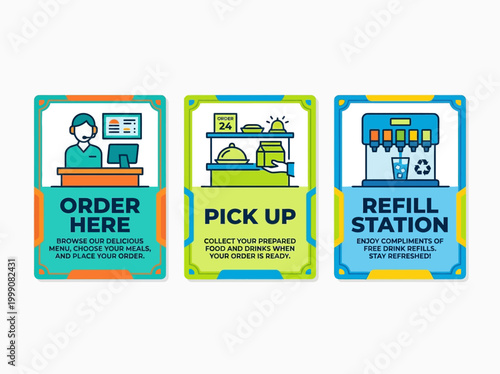 A vibrant infographic displays restaurant service signs for ordering, picking up food, and refilling drinks.