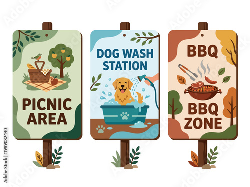 Three signs for picnic area, dog wash station, and BBQ zone in a park.