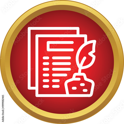 Quill and inkwell beside stacked documents, symbolizing classic writing and literature