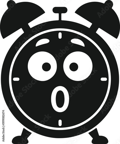Alarm clock with shocked face black silhouette, surprise symbol on transparent background.