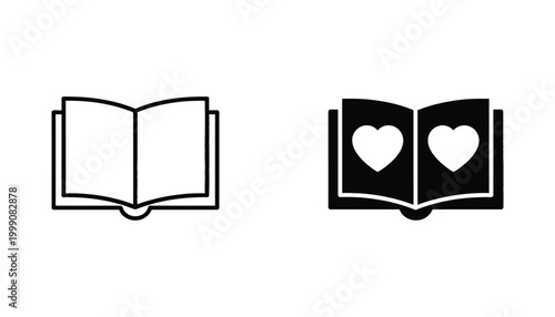 Open book with heart icons vector icon set featuring outline and solid styles for romantic literature concepts and valentine day design elements isolated on white background