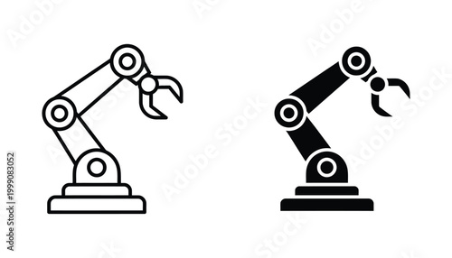 Robotic arm industrial machine icon representing automation manufacturing and technology in a clean minimalist vector style