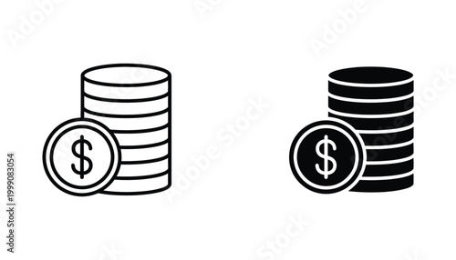 Stacked dollar coins icon set with outline and solid variations for financial reporting and banking apps representing savings investment wealth and monetary currency concept in vector graphic format