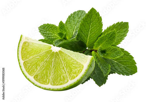 Bright Green Lime Slice and Fresh Mint Sprig on white background , Isolated on Transparent Background, PNG, Generative AI 