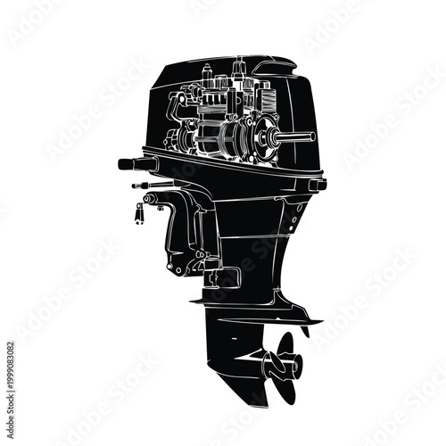 Outboard boat motor engine for marine vessel silhouette set bundle.