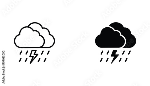 Stormy weather cloud icon set with lightning and rain in outline and solid styles for meteorological forecast and climate apps in clean vector graphic format for digital interface user experience