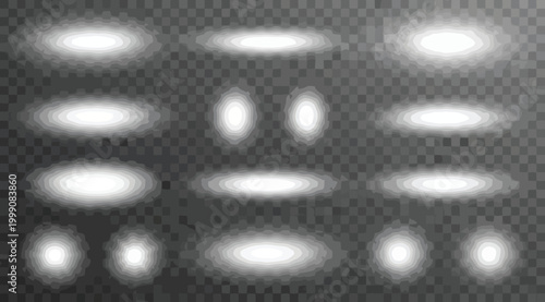 Set of glowing light effects, lens flares, and light spots on a transparent background