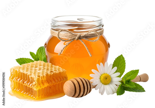 Pure Honey Jar, Honeycomb, Dipper, Daisy, Mint Leaves on white background , Isolated on Transparent Background, PNG, Generative...