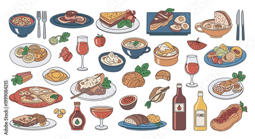 Traditional Russian food and cuisine vector set, classic Slavic dishes and drinks collection, hand drawn restaurant menu elements on white background