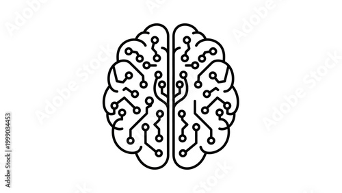 Digital brain icon with integrated circuit pathways representing artificial intelligence and advanced machine learning concepts for future technology innovation