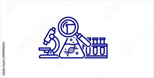 Laboratory research science outline icons set. microscope, magnifier, flask, dna strand, test tubes, chemistry analysis, biotechnology, experiment tools, lab equipment
