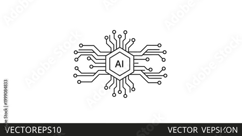 Digital AI processor chip line art vector icon, symbolizing artificial intelligence, machine learning, advanced computing, and data processing. Essential for technology and innovation concepts