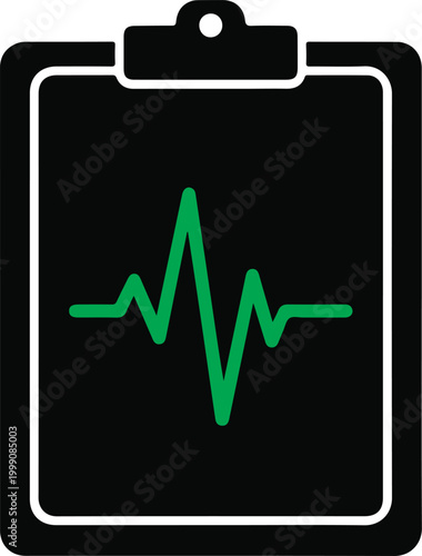 Minimalist medical clipboard icon with green heartbeat pulse line, black silhouette healthcare report vector.