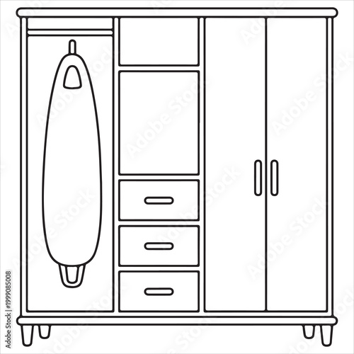 Modern armoire with integrated ironing board and storage drawers