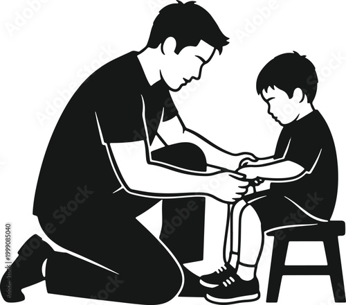 Father kneels to talk to son teaching life lessons father child bonding care guidance.