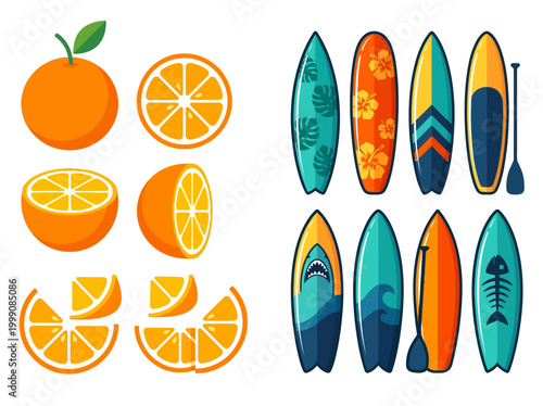 Summer Surfboard and Orange Vector Collection - Tropical Beach Icon Set
