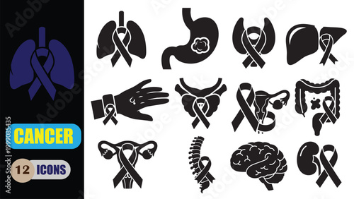 Set of black cancer awareness icons with ribbons