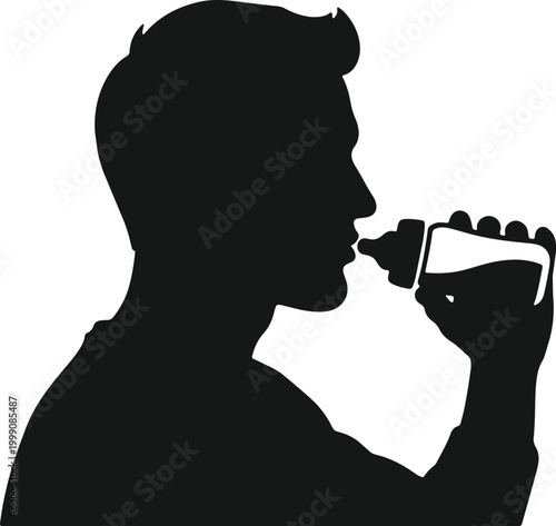 Man drinking from water bottle hydration thirst refreshment male silhouette profile.