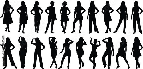 Set of elegant woman silhouettes in various standing poses for fashion design architectural visualization and lifestyle community project graphics illustration