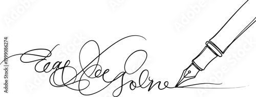 Calligraphy signature and fountain pen writing on transparent background.