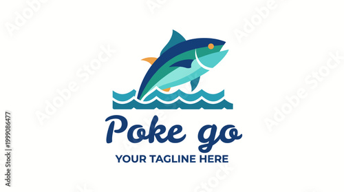 This vibrant logo represents Poke Go, a fishing company, featuring an energetic tuna leaping from waves, emphasizing excitement and adventure in fishing.
