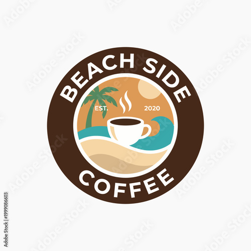 This artistic logo design captures the essence of beachside relaxation with a coffee cup, palm trees, and sunset, inviting patrons to enjoy a tranquil experience.