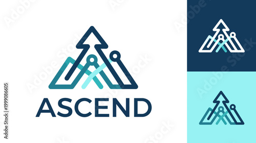 The Ascend logo features abstract mountain peaks and an upward arrow, symbolizing growth, adventure, and exploration. It's perfect for outdoor or motivational brands.