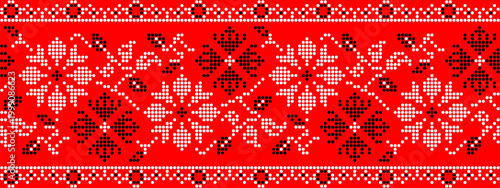 Ukrainian cross stitch seamless floral border on red background traditional embroidery ornament ethnic textile pattern design