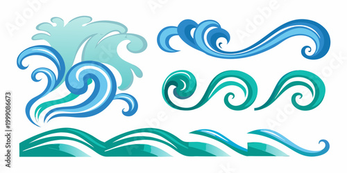 Stylized water waves and swirls in shades of blue and teal