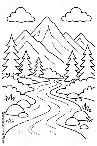 Mountain River Landscape with Trees and Clouds, Simple Outline Drawing for Coloring