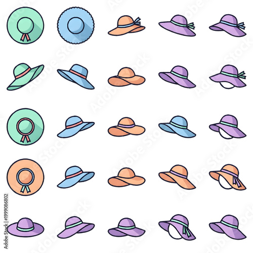Pastel Summer Hat Collection - Cute Doodle Sun Hats Vector Icons for Fashion and Travel Design