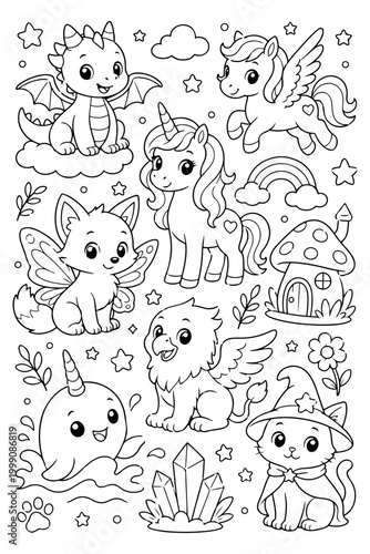 Cute Fantasy Creatures Coloring Page Dragon, Unicorn, Pegasus, Fox, Narwhal, Griffin, Cat