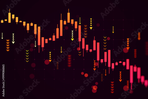 Abstract financial market chart with red downward candlesticks and arrows symbolizing global crisis impact on economy and investment decline. 3D Rendering